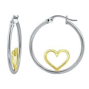 Aleure Precioso Sterling Silver Open Heart Center Hoop Earrings