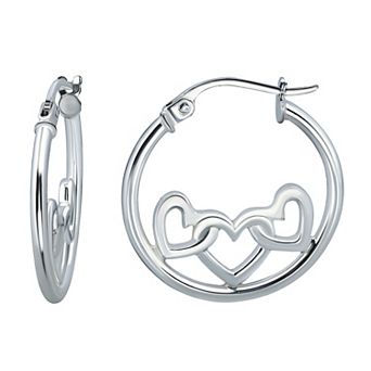 Aleure Precioso Sterling Silver 3 Heart Center Hoop Earrings