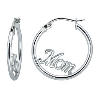 Aleure Precioso Sterling Silver "Mom" Center Hoop Earrings