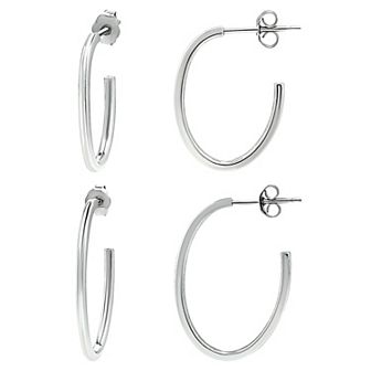 Aleure Precioso Sterling Silver 2-Pair Oval Hoop Earring Set