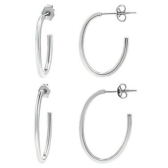 Aleure Precioso Sterling Silver 2-Pair Oval Hoop Earring Set