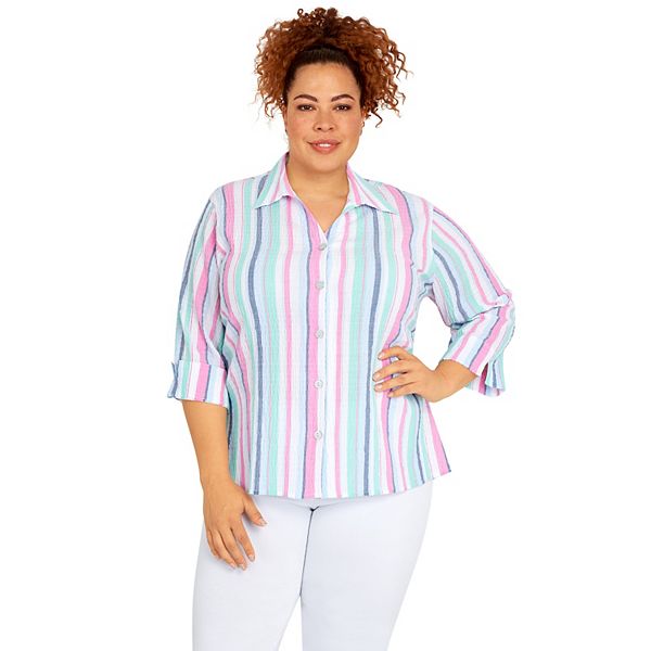 Plus Size Alfred Dunner Striped 3/4 Sleeve Button Down Shirt