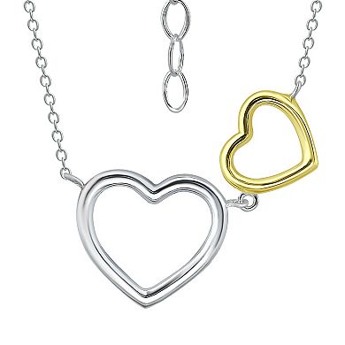 Aleure Precioso Two Tone Sterling Silver Double Open Heart Frontal Necklace