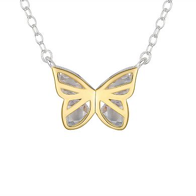 Love This Life Sterling Silver Two Tone Open Butterfly Cubic Zirconia Necklace