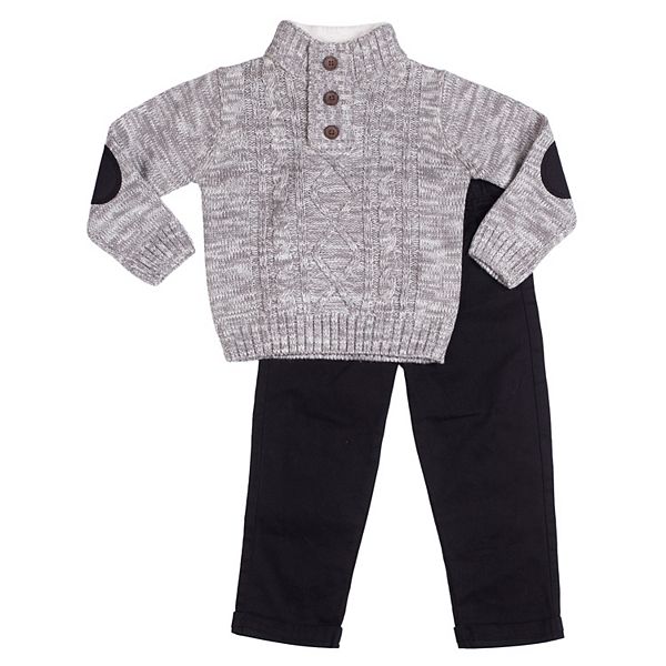 Toddler Boy Little Lad Gray Funnel Neck Cable Knit Sweater & Twill