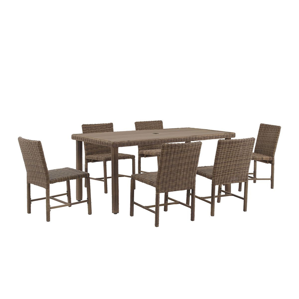 Outdoor wicker dining table with six chairs and blue cushions