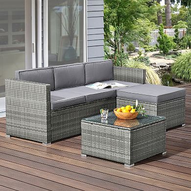 Lavish Home Faux Rattan Patio Sofa, Ottoman, and End Table 3-pc. Set