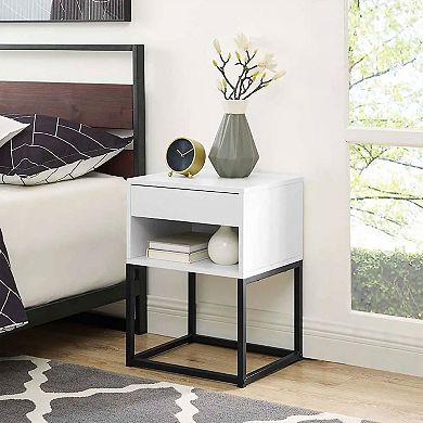 BIKAHOM Simple Modern End Table Nightstand with Drawer and Open Shelf, White