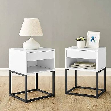 BIKAHOM Simple Modern End Table Nightstand with Drawer and Open Shelf, White