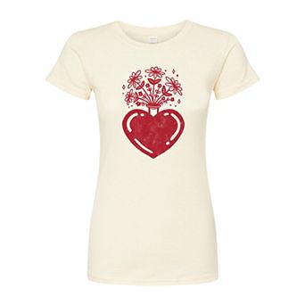 Juniors' Flowers In Heart Fitted Graphic Tee