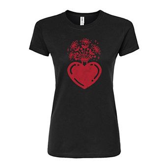 Juniors' Flowers In Heart Fitted Graphic Tee