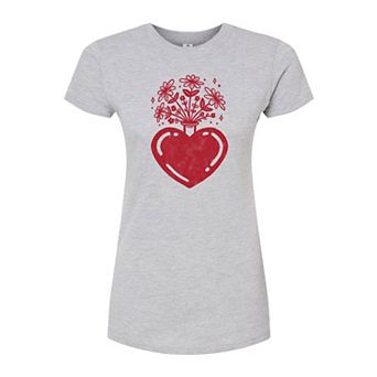 Juniors' Flowers In Heart Fitted Graphic Tee