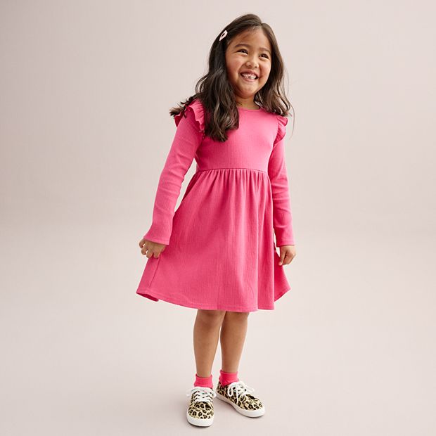 open lace back dress Hot Pink Solid Ribbed Ruffle Sleeve Dress