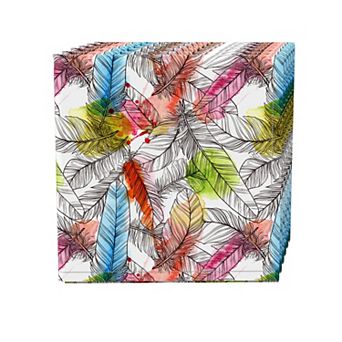 Napkin Set, 100% Polyester, Set of 4, 18x18", Drawn Feathers with Watercolor Spots