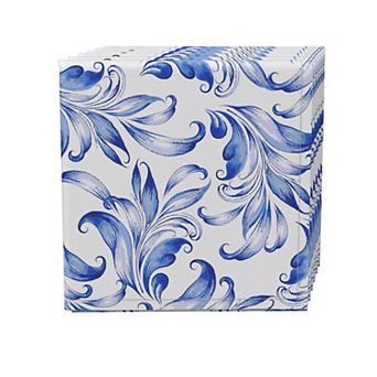 Napkin Set, 100% Polyester, Set of 4, 18x18", Blue Traditional Leaves