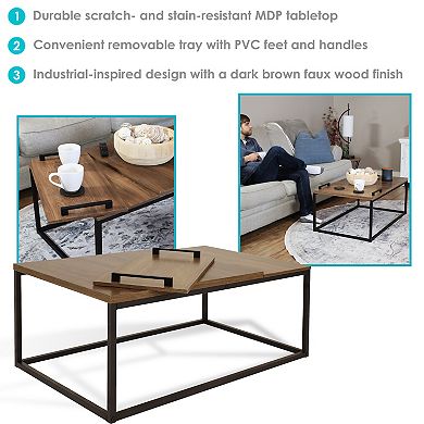 Sunnydaze Industrial Coffee Table with Removable Serving Tray - 16 in H