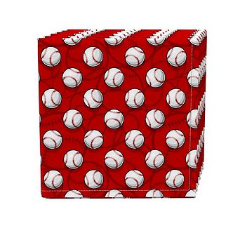 Napkin Set, 100% Polyester, Set of 4, 18x18", Baseballs Red