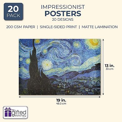 20 Count Famous Impressionist Wall Art Posters for Classroom, Home Decor, Matte Laminated Unframed Fine Art Prints, 200gsm (13 x 19 In)