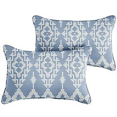 Set of 2 Blue & Ivory Corded Indoor & Outdoor Square Pillows, 18-Inch