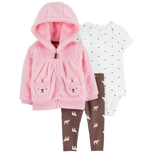 Carter's 2pc Baby Girl Pink Bear Velour Long-Sleeve Top and Jogger Pants Set