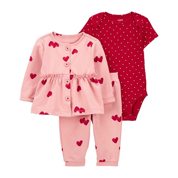 Baby Girl Carter's 3-Piece Hearts Cardigan, Bodysuit & Pants Set