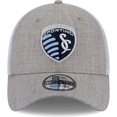 Men's New Era Heather Gray/White Sporting Kansas City 39THIRTY Trucker Flex Hat