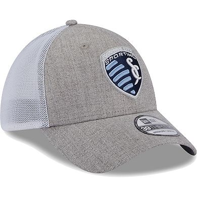 Men's New Era Heather Gray/White Sporting Kansas City 39THIRTY Trucker Flex Hat