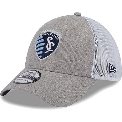Men's New Era Heather Gray/White Sporting Kansas City 39THIRTY Trucker Flex Hat
