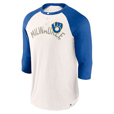 Men's Fanatics Branded White/Royal Milwaukee Brewers Backdoor Slider Raglan 3/4-Sleeve T-Shirt