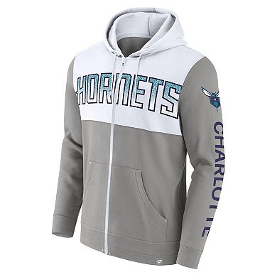 Men's Fanatics Branded Gray/White Charlotte Hornets Skyhook Colorblock Full-Zip Hoodie
