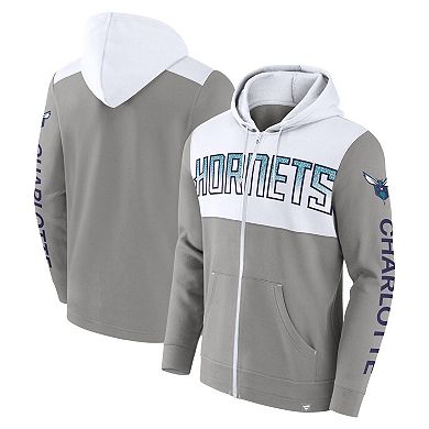 Men's Fanatics Branded Gray/White Charlotte Hornets Skyhook Colorblock Full-Zip Hoodie