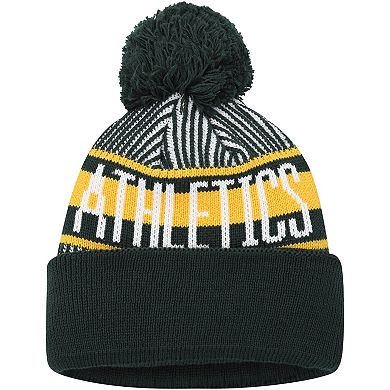 Youth New Era Green Oakland Athletics Striped Cuffed Knit Hat with Pom