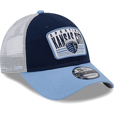 Men's New Era Navy/Light Blue Sporting Kansas City Patch 9FORTY Trucker Snapback Hat