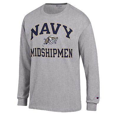 Men's Champion Heather Gray Navy Midshipmen High Motor Long Sleeve T-Shirt