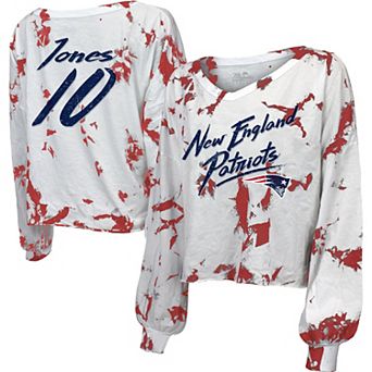Women's Majestic Threads Mac Jones White New England Patriots Off-Shoulder Tie-Dye Name & Number Cropped Long Sleeve V-Neck T-Shirt