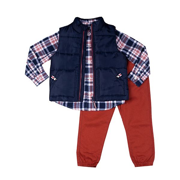 Baby Boy Little Lad Funnel Neck Puffer Vest, Plaid Flannel Shirt