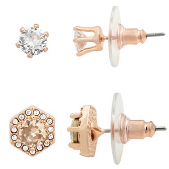 Brilliance Pink Crystal Hexagon Halo & Cubic Zirconia Stud Earring Duo Set