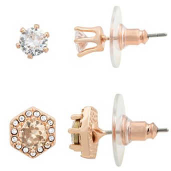 Brilliance Pink Crystal Hexagon Halo & Cubic Zirconia Stud Earring Duo Set