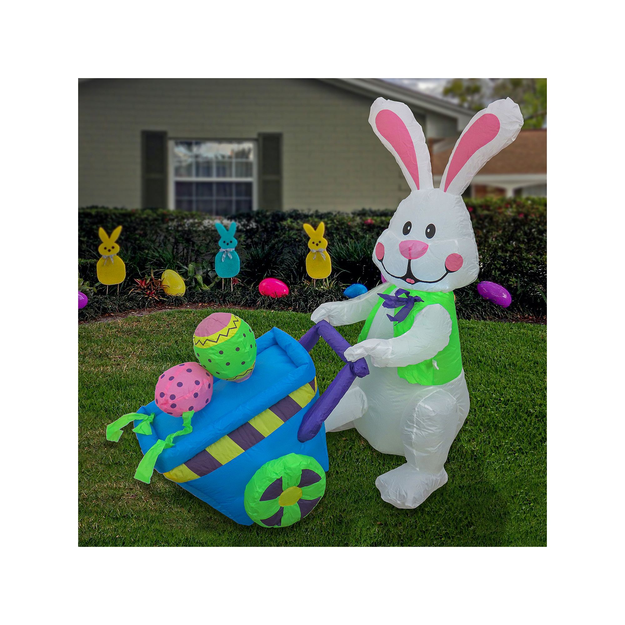 National Tree Company 4 Ft. Inflatable Easter Bunny Wheelbarrow Decor, Whit