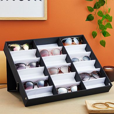 18 Slot Sunglasses Display Case for Women and Men, Eyeglass Storage Case for Multiple Glasses, Black (18.5 x 15.0 x 2.4 In)