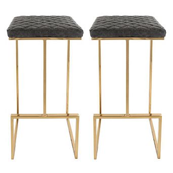 LeisureMod Quincy Leather Bar Stools With Gold Metal Frame Set of 2