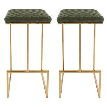 LeisureMod Quincy Leather Bar Stools With Gold Metal Frame Set of 2