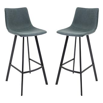 LeisureMod Elland Modern Upholstered Leather Bar Stool With Iron Legs & Footrest, Set of 2