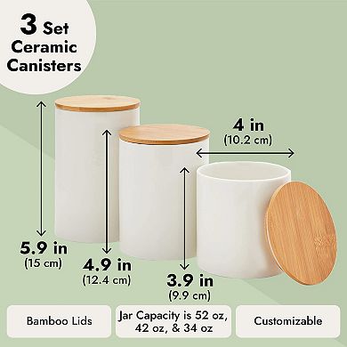 Set Of 3 White Ceramic Kitchen Canisters With Wooden Bamboo Lids (3 Sizes)
