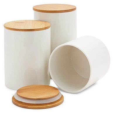 Set Of 3 White Ceramic Kitchen Canisters With Wooden Bamboo Lids (3 Sizes)