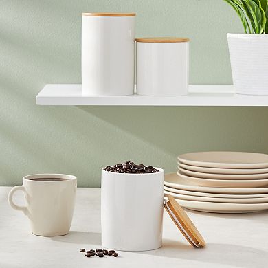 Set Of 3 White Ceramic Kitchen Canisters With Wooden Bamboo Lids (3 Sizes)