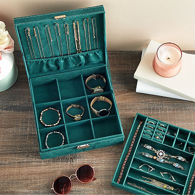 Velvet Jewelry Box Organizer with Lock - 2 Layer Travel Case, Jewelry Storage