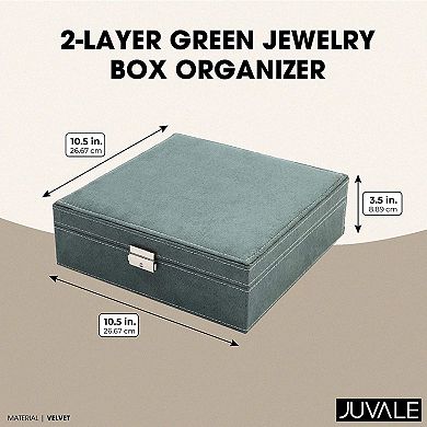 Green Velvet Jewelry Travel Case with Lock for Women, Men, Storage Box with 2 Layers for Earrings, Bracelets, Necklaces, Rings (10.5 x 10.5 x 3.5 In)