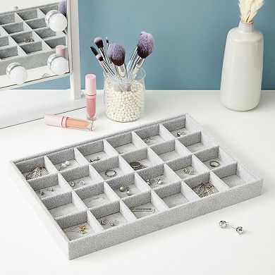 Velvet Jewelry Tray, Stackable 24 Grid Organizer (Gray, 14x10 in)