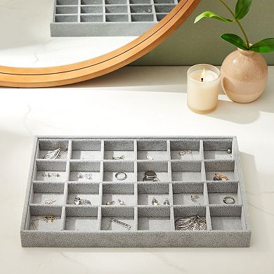 Velvet Jewelry Tray, Stackable 24 Grid Organizer (Gray, 14x10 in)